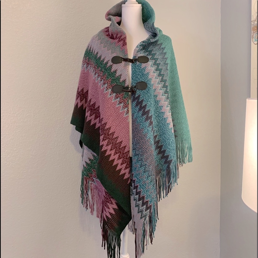 VINTAGE VEGAN BOHO HOODED TASSEL DBL-TOGGLE PONCHO